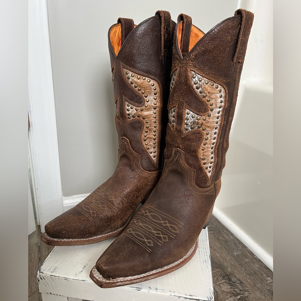 Frye Brown Heeled Boots with Studded Design